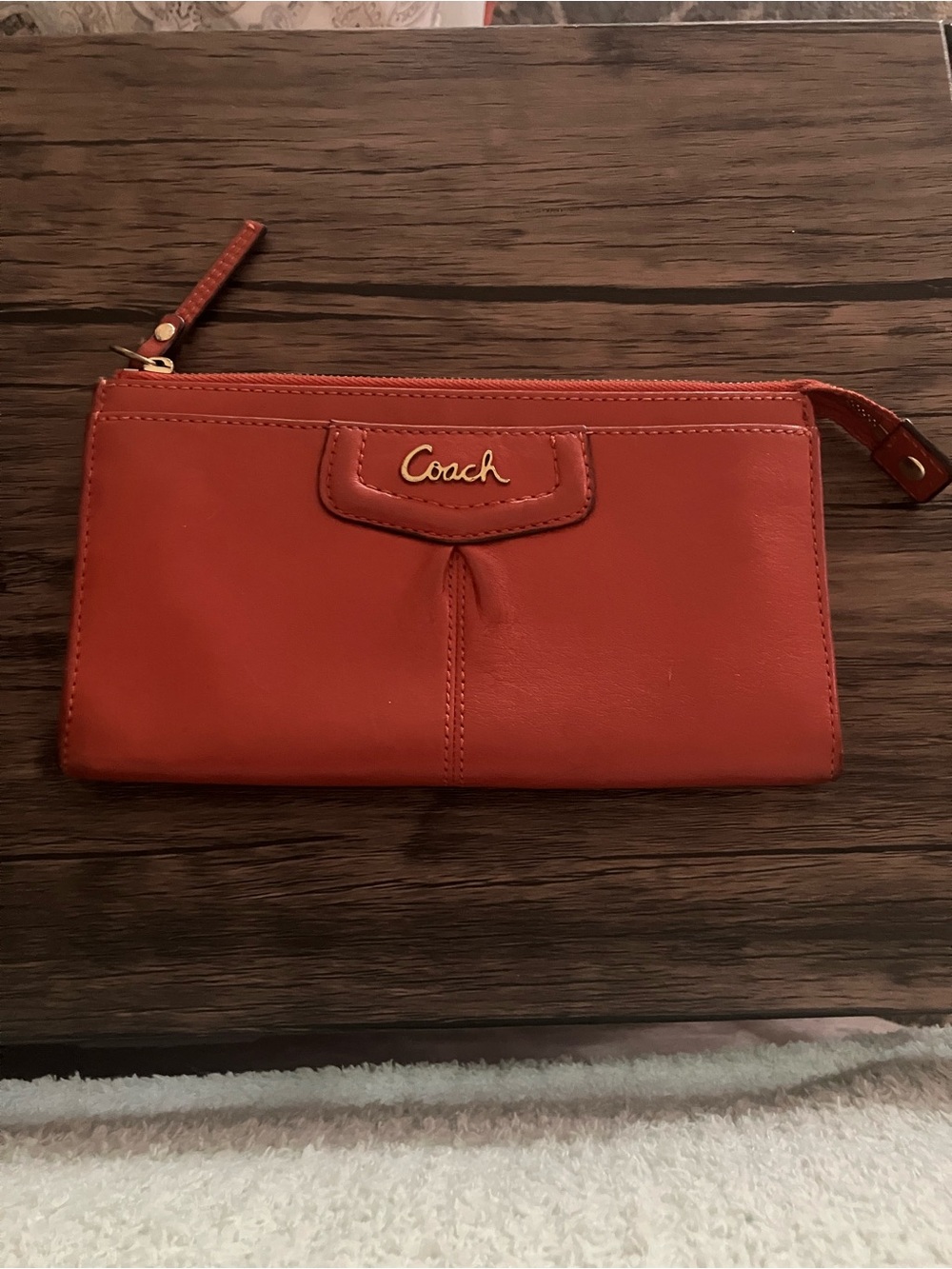 Vintage Coach Orange Leather Wristlet Clutch with Gold Logo